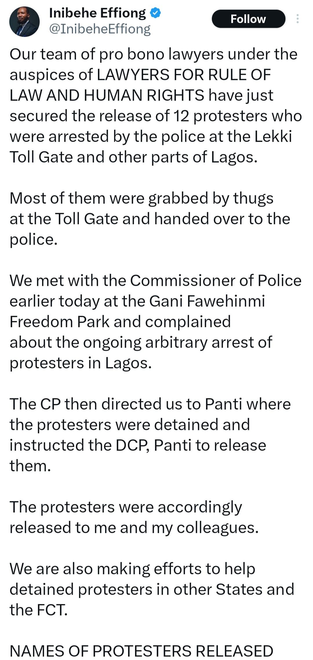 Lawyer secures release of 12 Lekki Toll gate protesters arrested on day 2 of #EndBadGovernanceinNigeria protests