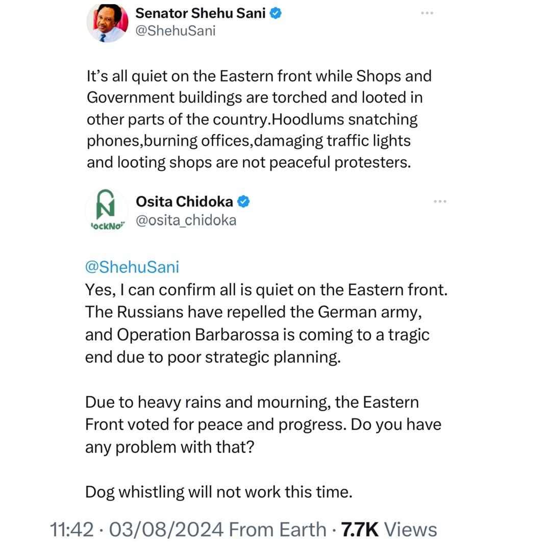 Former Aviation Minister, Osita Chidoka, replies Senator Shehu Sani following his comments on Igbos not joining End Bad Governance protest