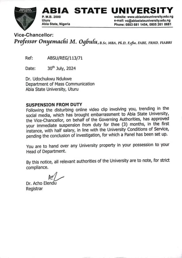 S8x-for-grade: ABSU suspends lecturer for alleged s8xual h@rassment